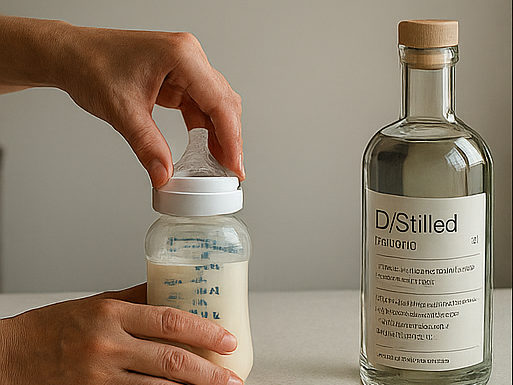 Safe hydration for your little one — D/Stilled distilled water Baby milk bottle placed next to a D/Stilled distilled water glass bottle