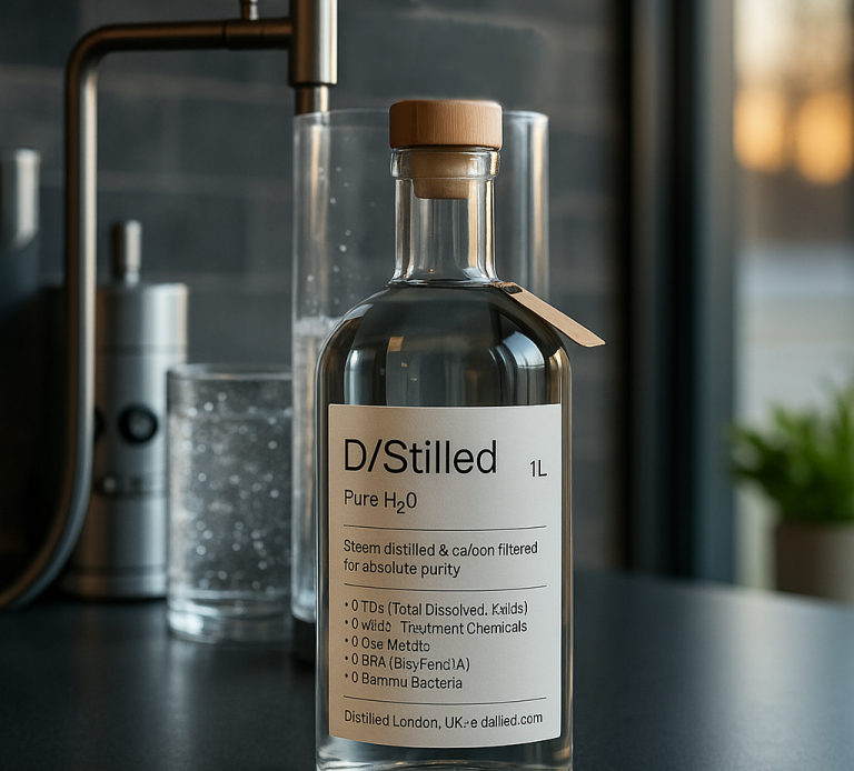 D/Stilled — Ultra-pure distilled water, elegantly bottled for everyday wellness Premium D/Stilled distilled water in a sleek glass bottle on a modern kitchen countertop