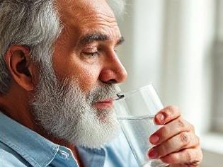Healthy hydration at any age — D/Stilled distilled water Elderly man drinking distilled water from a glass