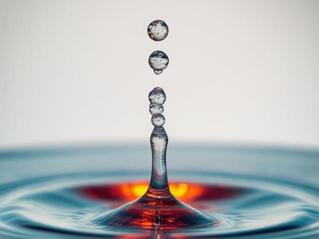 Pure water in motion — the essence of D/Stilled distilled water A drop of water falling onto a water surface creating a whirlpool ripple