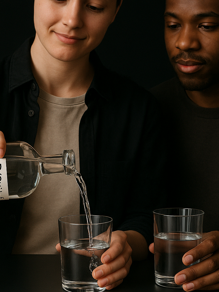D/Stilled — Premium distilled water, poured pure Person pouring D/Stilled distilled water into a glass